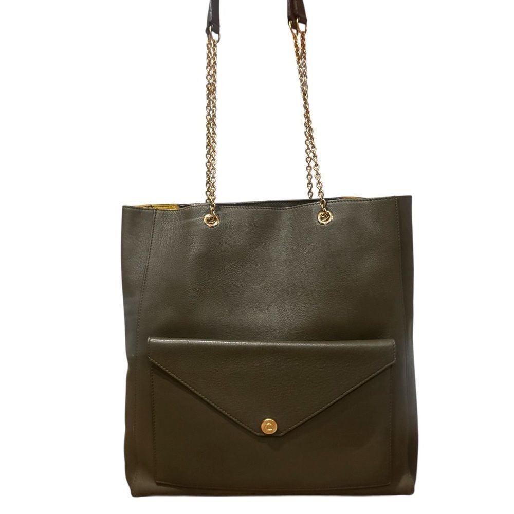 CELINE Olive Green Leather Large Envelope Pocket Tote Bag Chainlink Strap Ex+